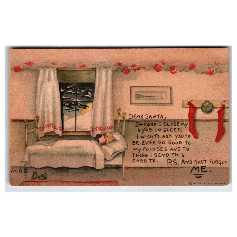 1910 Christmas Postcard Dear Santa Sleeping Child Colorado Springs Postmark